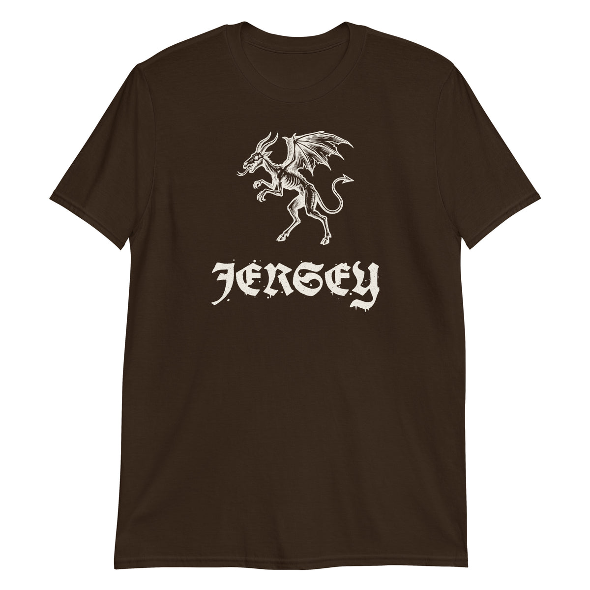 Jersey Devil woodcut NJ Pine Barrens legend t-shirt, Dark Chocolate, front