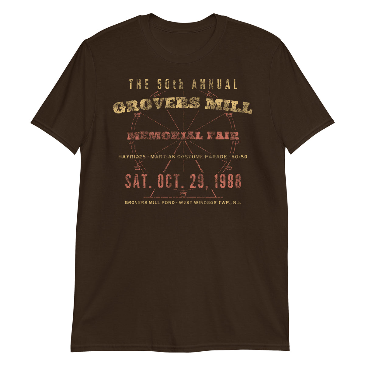 Grovers Mill Memorial Fair West Windsor NJ War of the Worlds t-shirt, Dark Chocolate, front