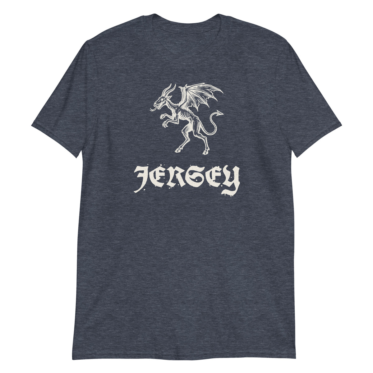Jersey Devil woodcut NJ Pine Barrens legend t-shirt, Heather Navy, front