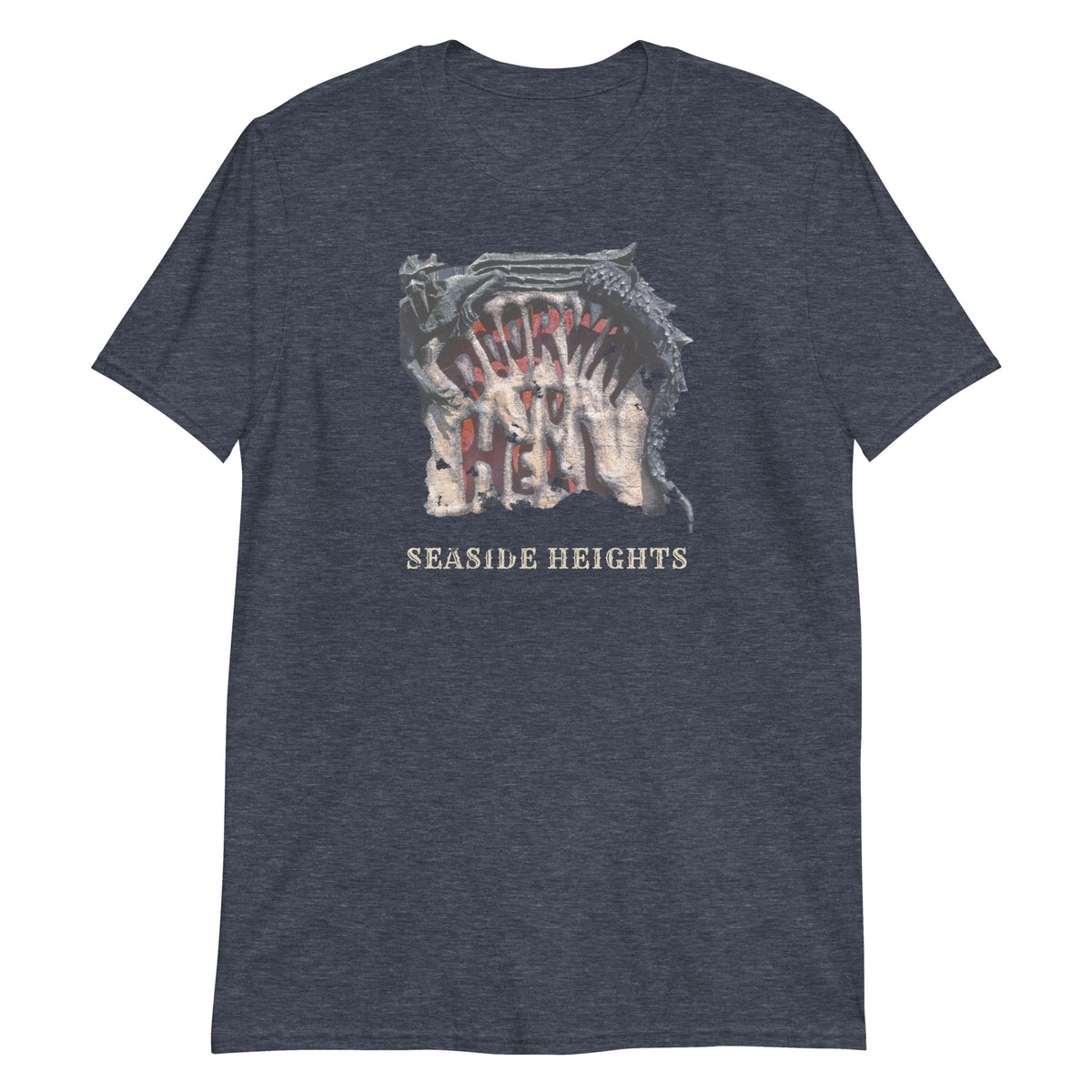 Doorway to Hell Seaside Heights NJ vintage haunted house t-shirt, Heather Navy, front