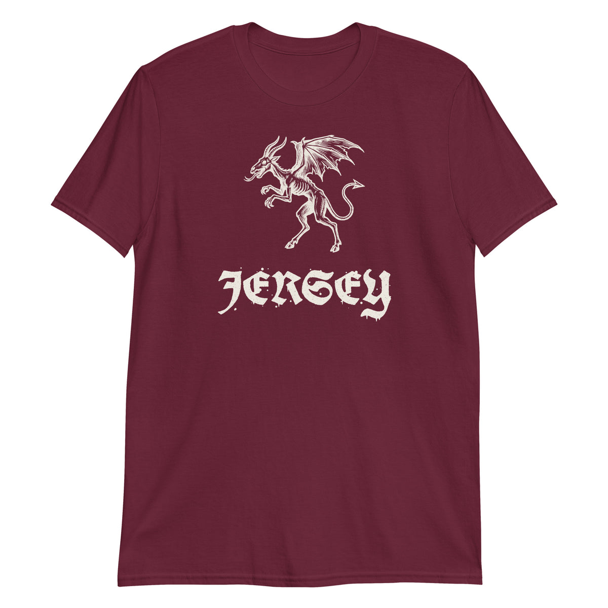 Jersey Devil woodcut NJ Pine Barrens legend t-shirt, Maroon, front
