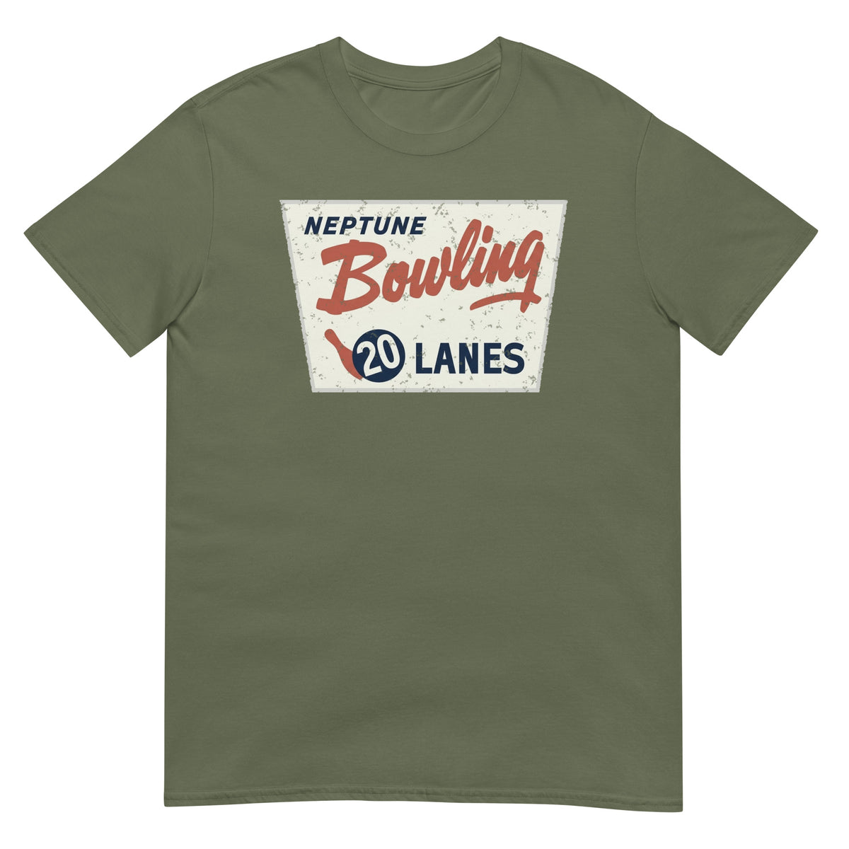 Neptune Bowling 20 Lanes Neptune NJ vintage t-shirt, Military Green, front
