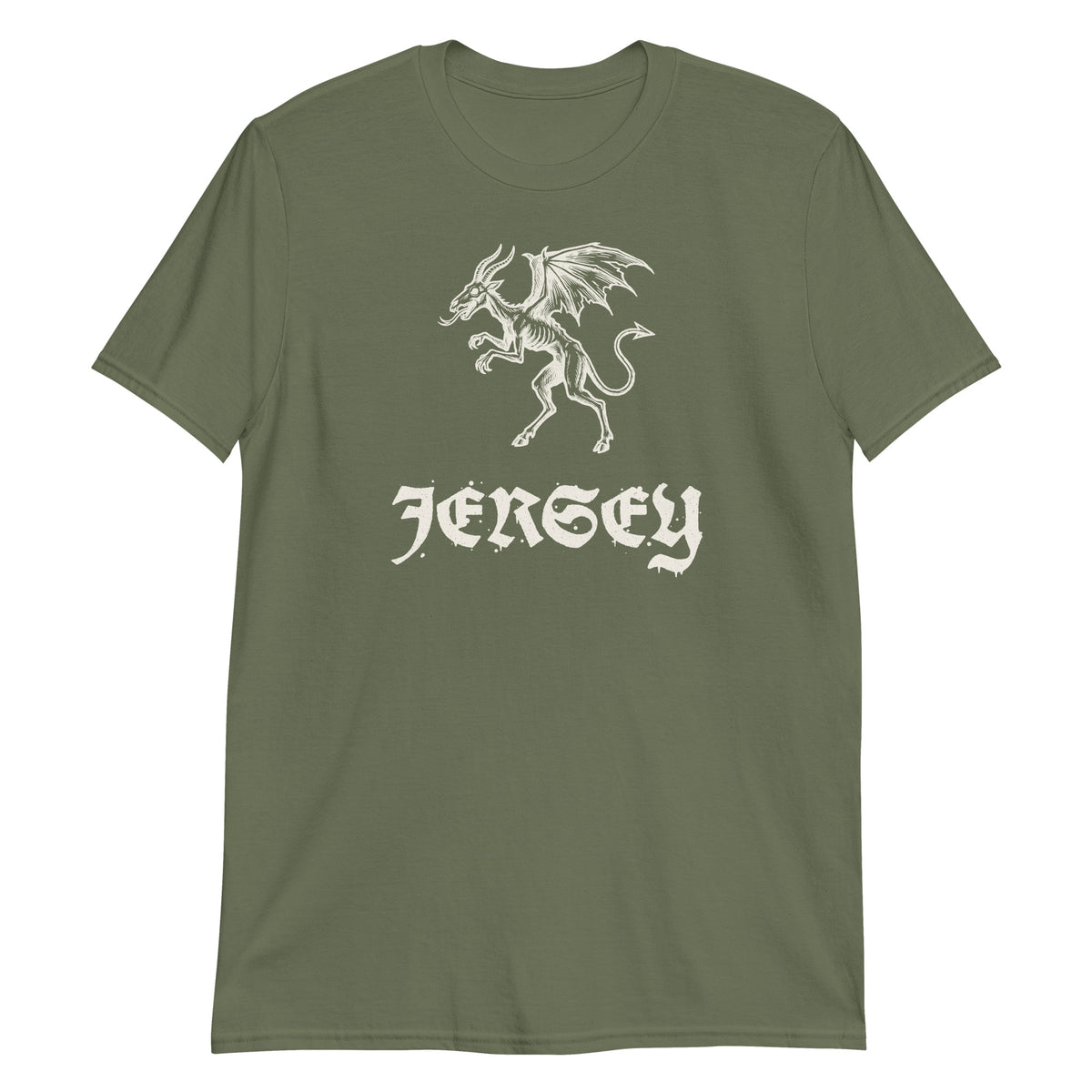 Jersey Devil woodcut NJ Pine Barrens legend t-shirt, Military Green, front