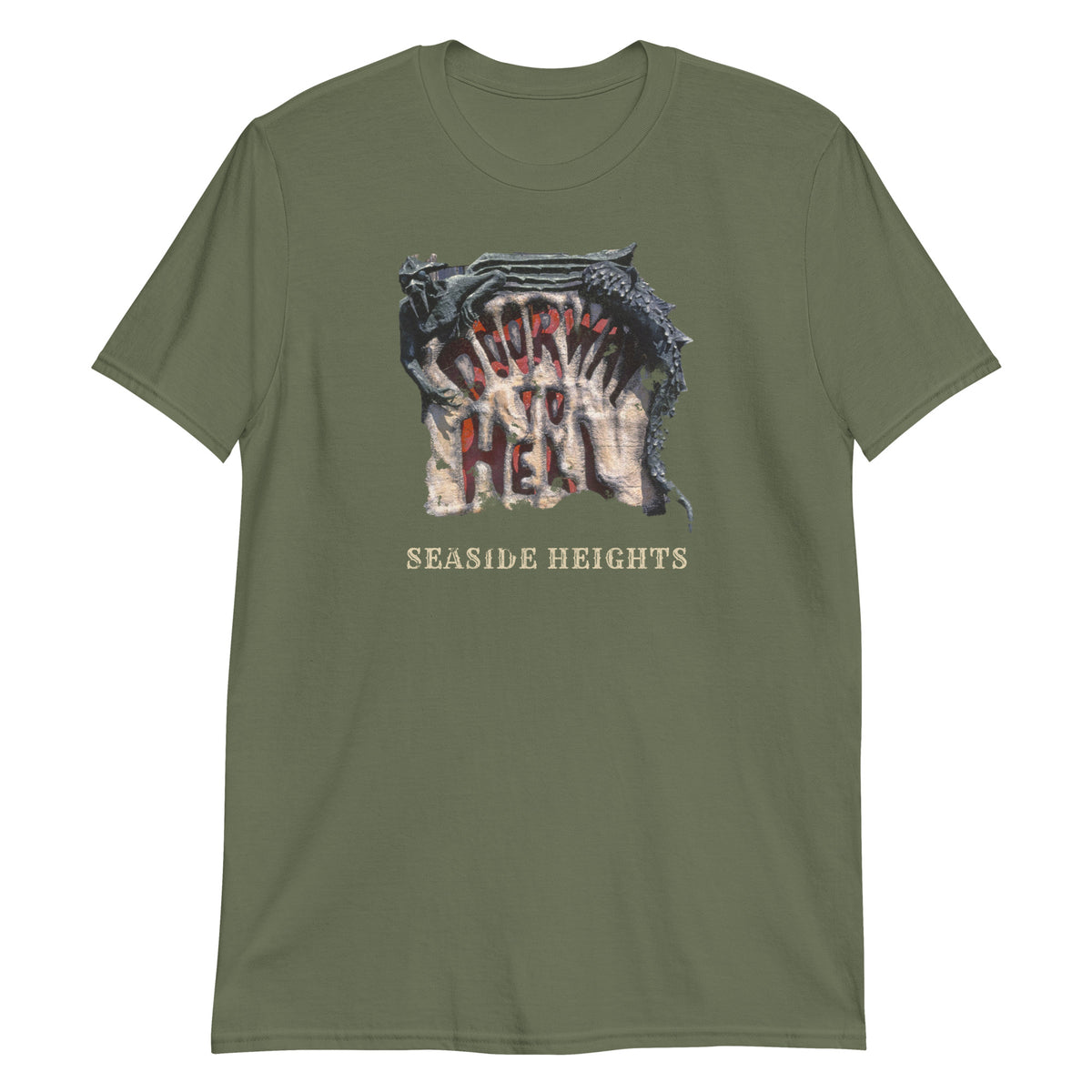 Doorway to Hell Seaside Heights NJ vintage haunted house t-shirt, Military Green, front
