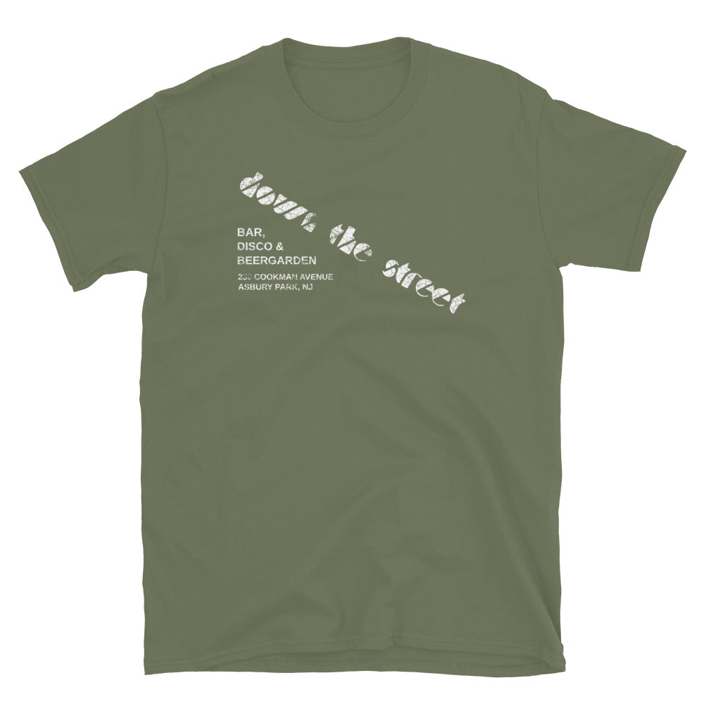 Down the Street Asbury Park NJ vintage t-shirt, Military Green, front
