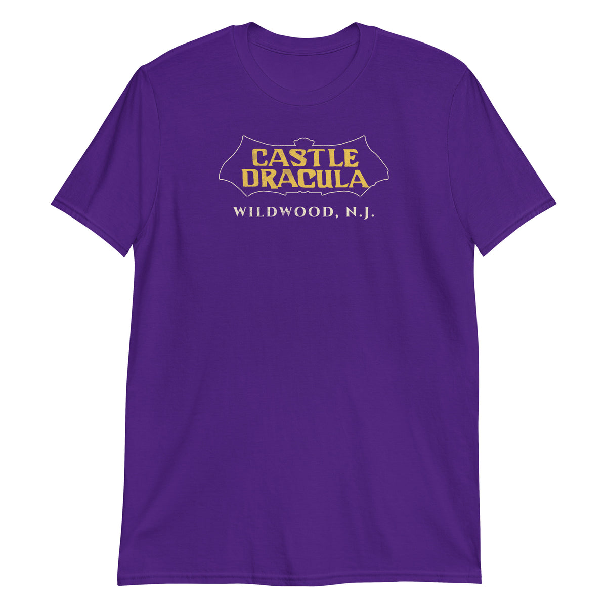 Castle Dracula Wildwood NJ vintage haunted attraction t-shirt, Purple, front
