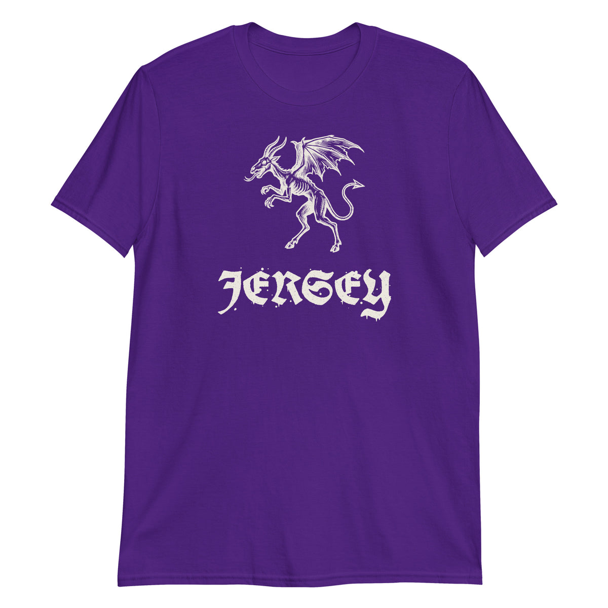 Jersey Devil woodcut NJ Pine Barrens legend t-shirt, Purple, front