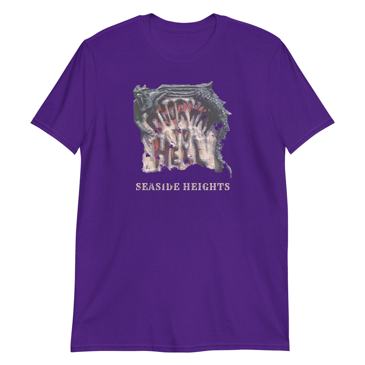 Doorway to Hell Seaside Heights NJ vintage haunted house t-shirt, Purple, front