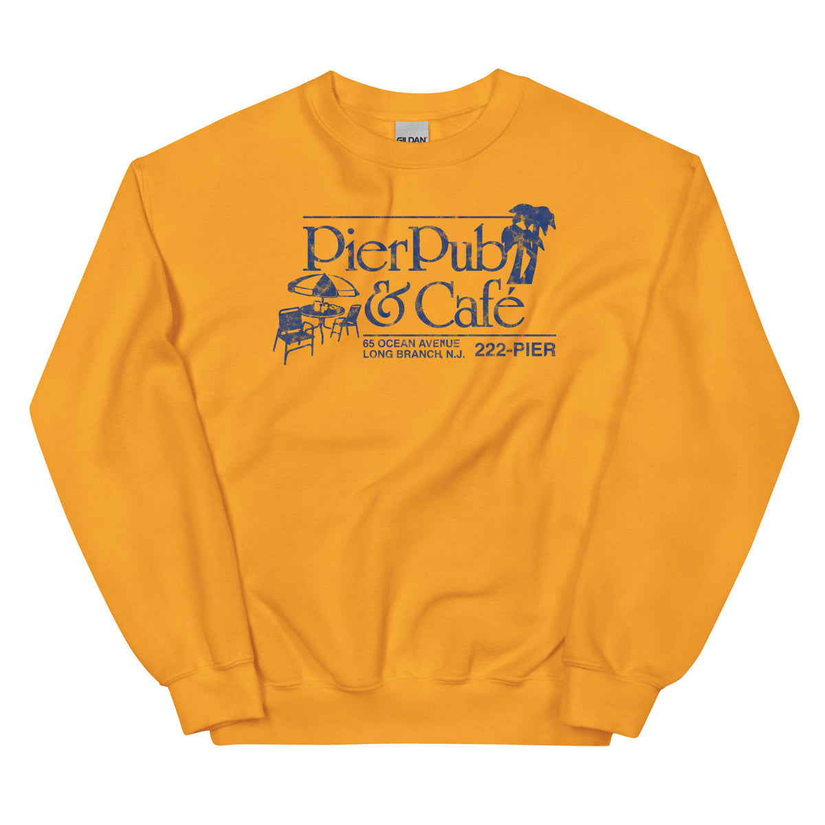 Pier Pub Long Branch NJ vintage crewneck sweatshirt, Gold, front