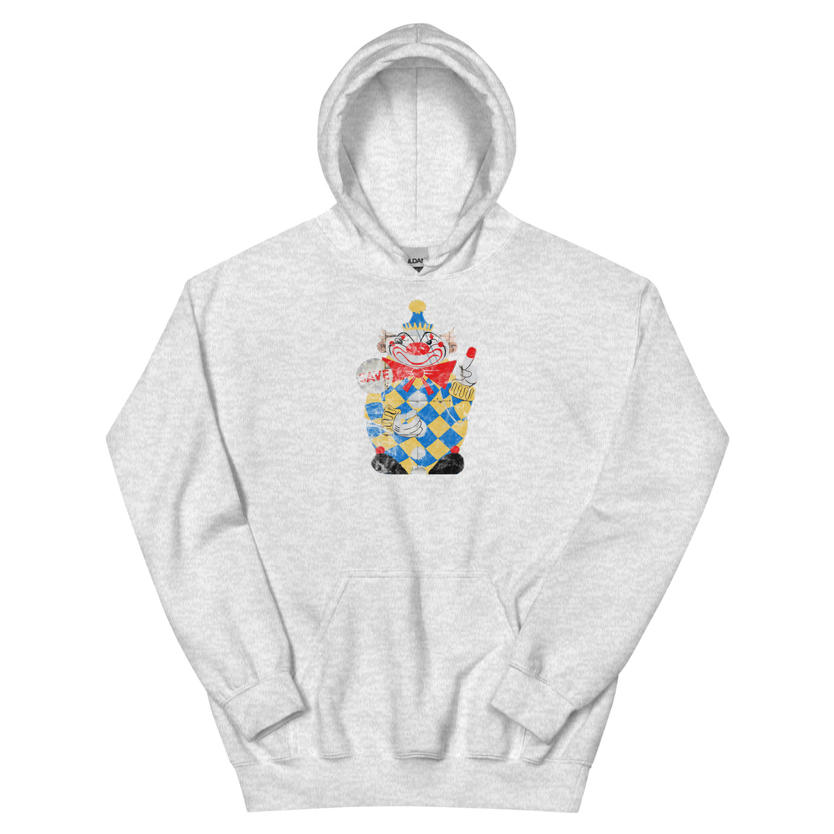 Calico The Evil Clown / Food Circus Middletown NJ vintage hoodie, Ash, front