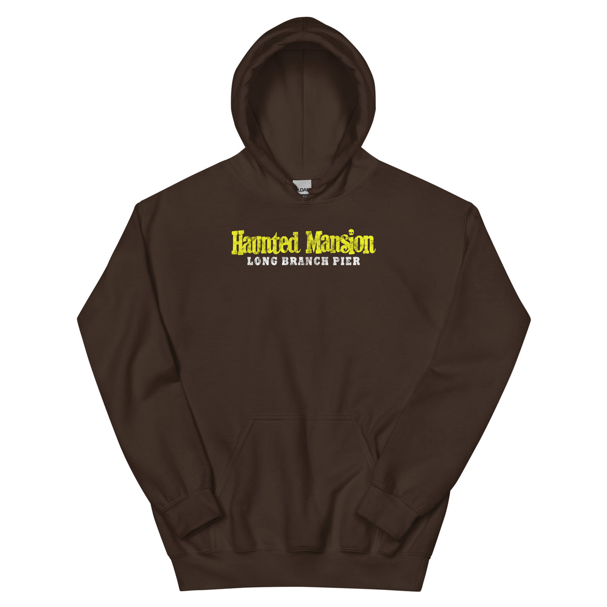 Haunted Mansion Long Branch NJ vintage hoodie, Dark Chocolate, front