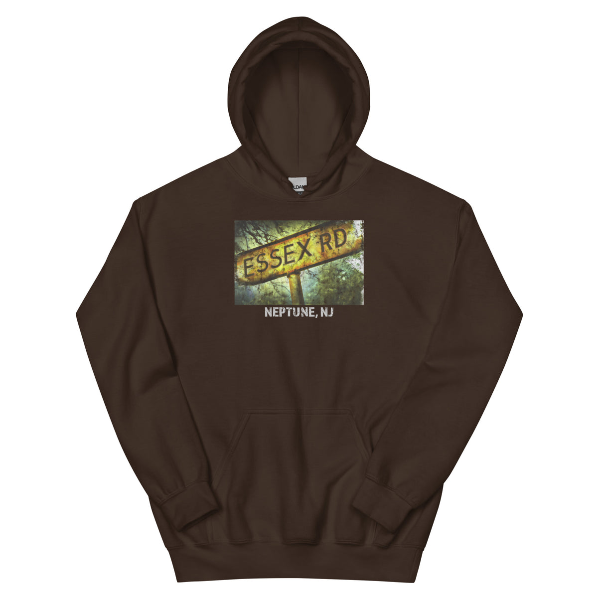 Essex Rd. Neptune NJ vintage hoodie, Dark Chocolate, front