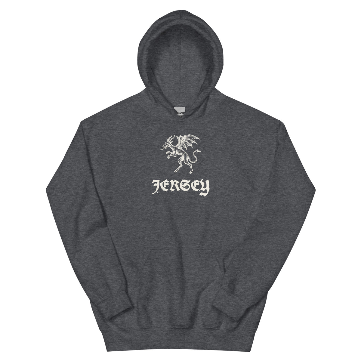 Jersey Devil Woodcut Pine Barrens vintage hoodie, Dark Heather, front