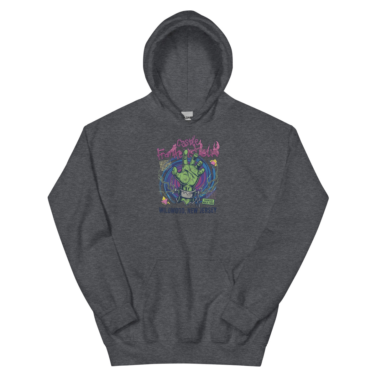 Castle Frankenstein Wildwood NJ vintage hoodie, Dark Heather, front