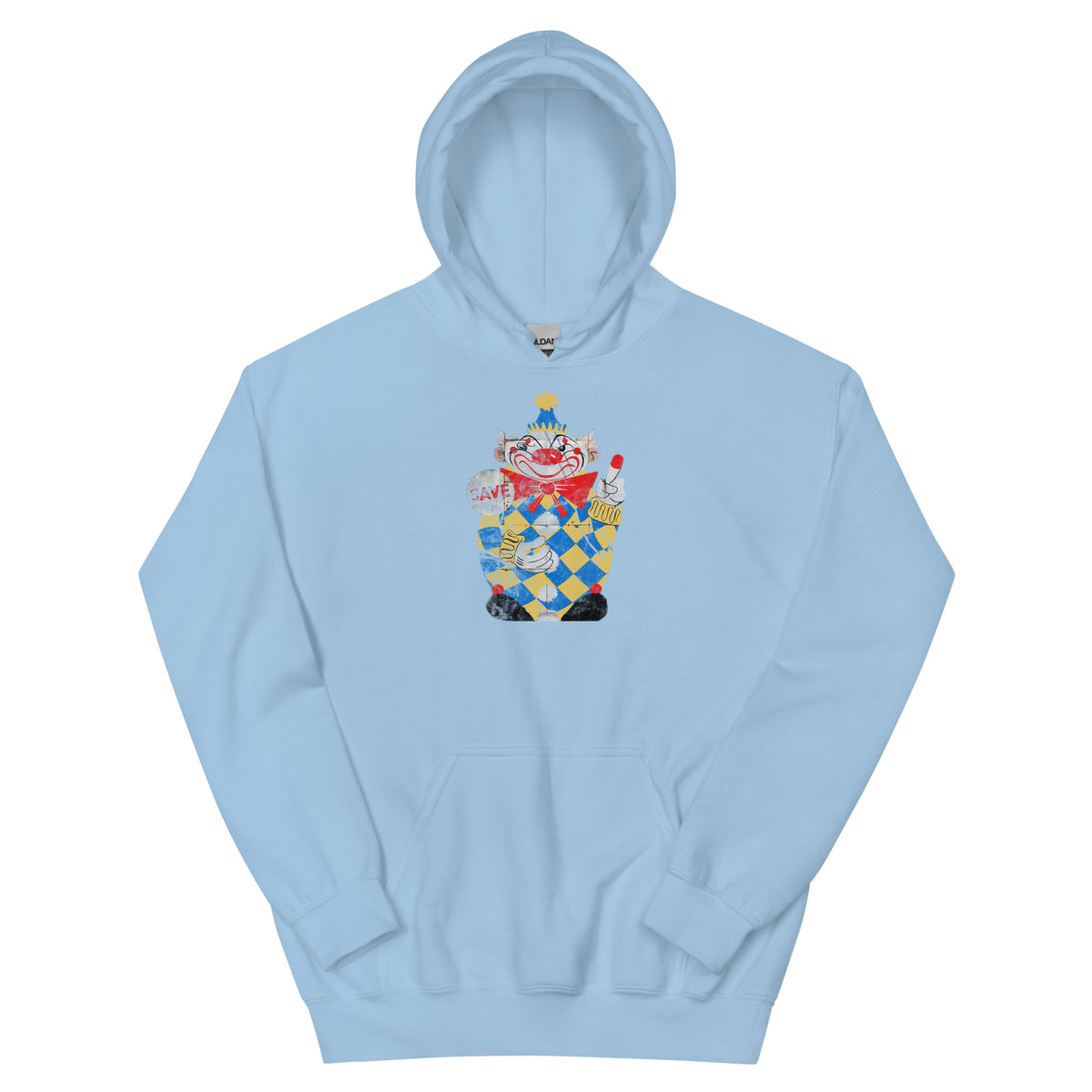 Calico The Evil Clown / Food Circus Middletown NJ vintage hoodie, Light Blue, front