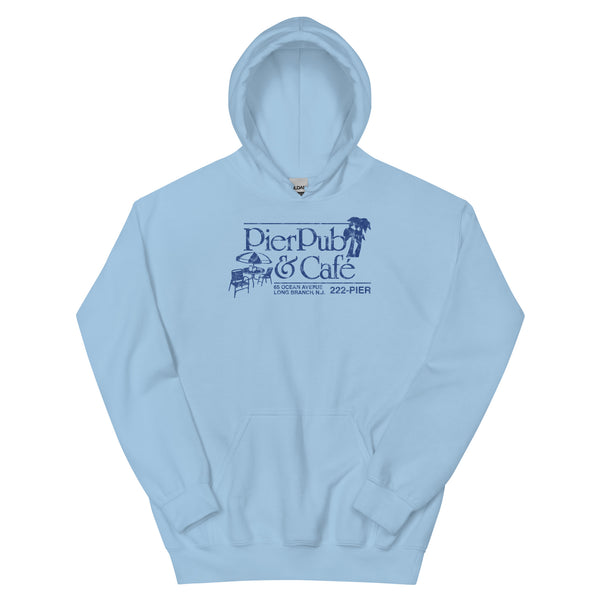 Pier Pub Long Branch NJ vintage hoodie, Light Blue, front