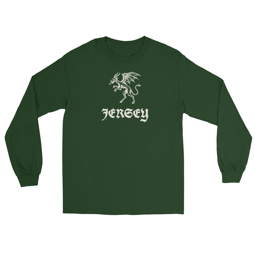 Jersey Devil Woodcut Pine Barrens vintage long sleeve shirt, Forest Green, front
