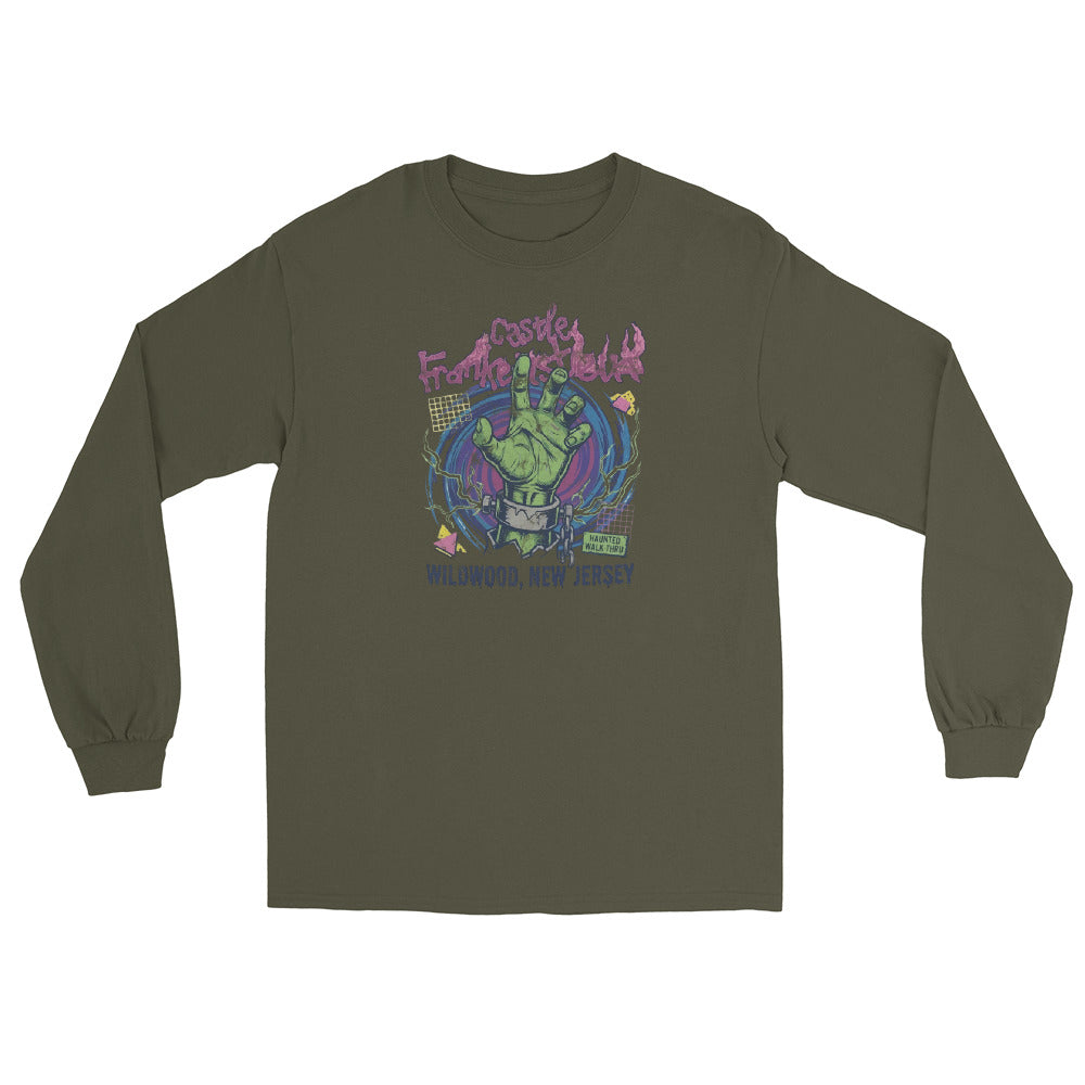 Castle Frankenstein Wildwood NJ vintage long sleeve shirt, Military Green, front