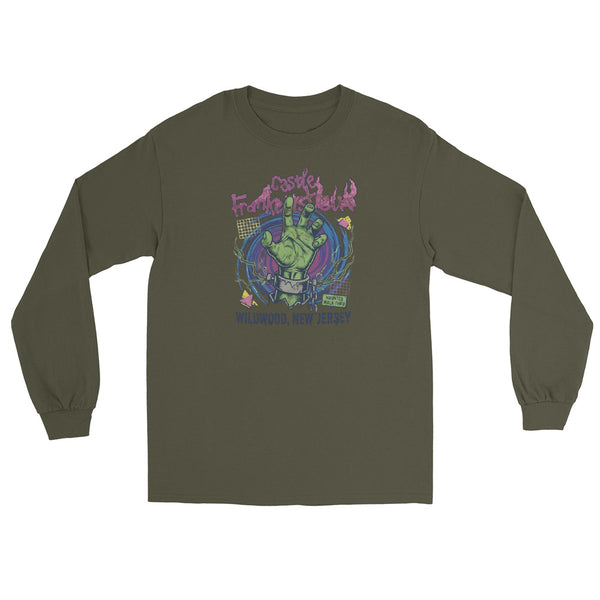 Castle Frankenstein Wildwood NJ vintage long sleeve shirt, Military Green, front