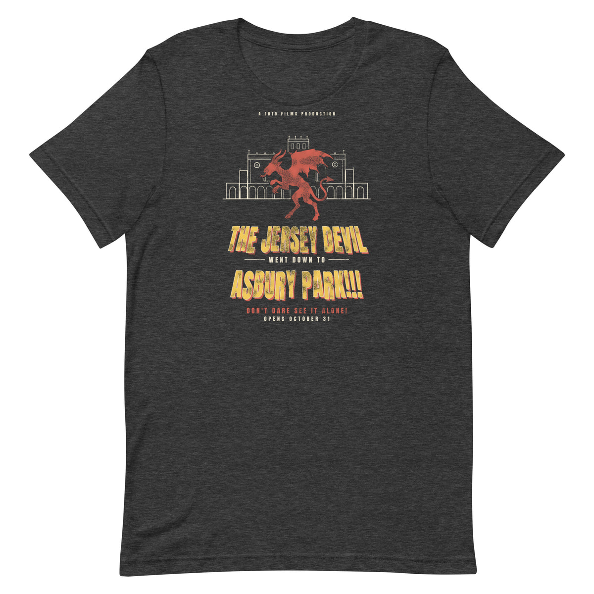 The Jersey Devil Went Down To Asbury Park 1950s monster movie t-shirt, Dark Grey Heather, front
