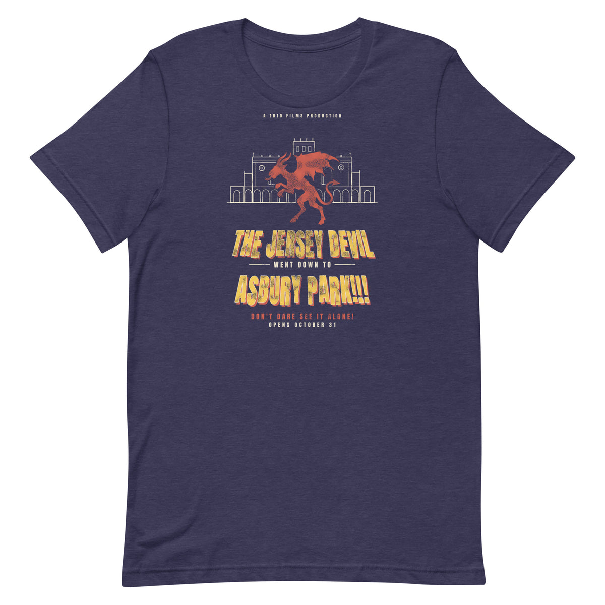 The Jersey Devil Went Down To Asbury Park 1950s monster movie t-shirt, Heather Midnight Navy, front