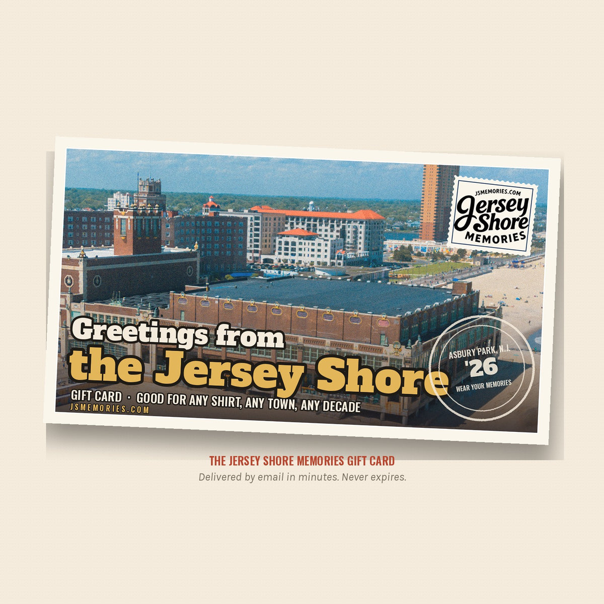 Jersey Shore Memories gift card, a vintage postcard of Convention Hall and the Asbury Park beach