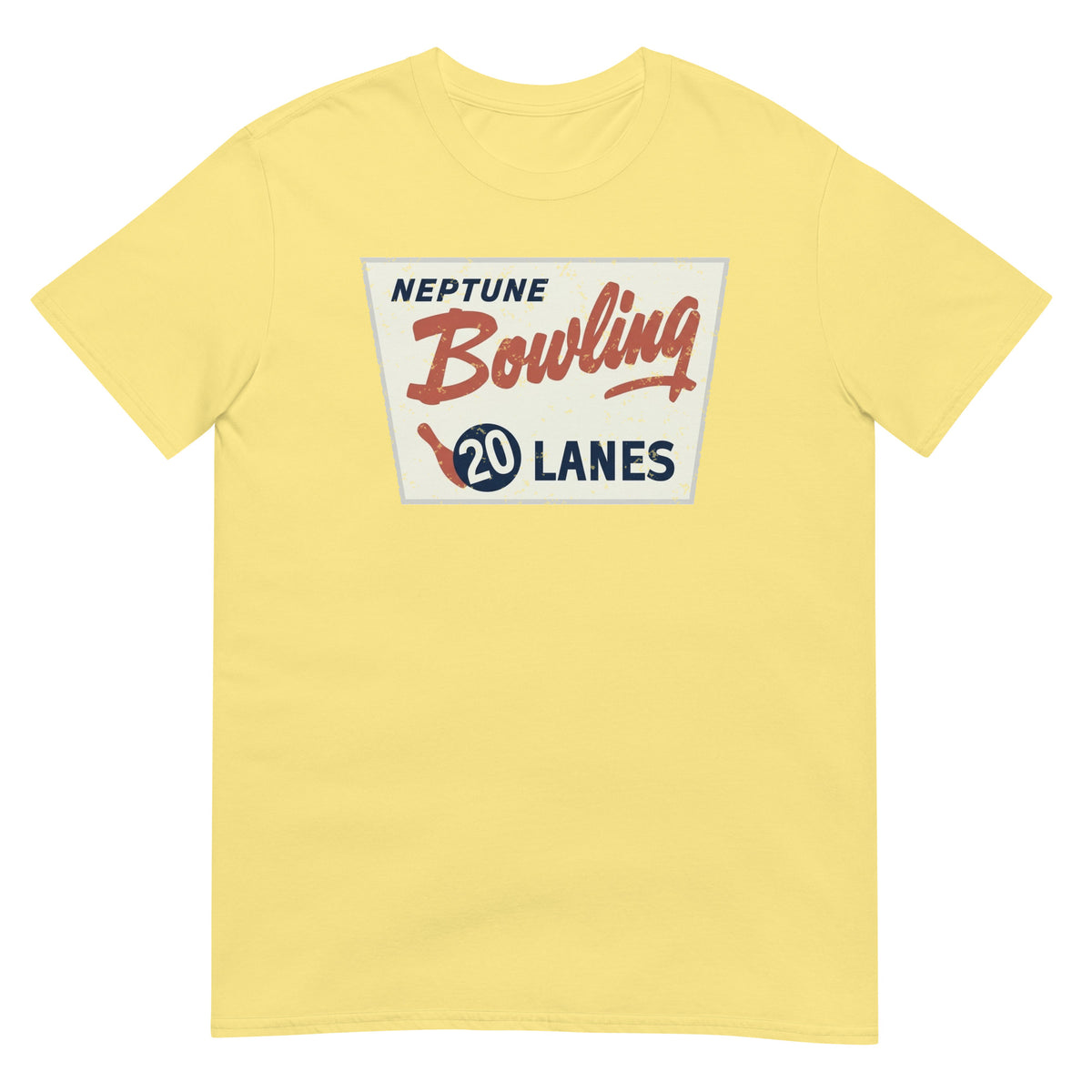 Neptune Bowling 20 Lanes Neptune NJ vintage t-shirt, Cornsilk, front
