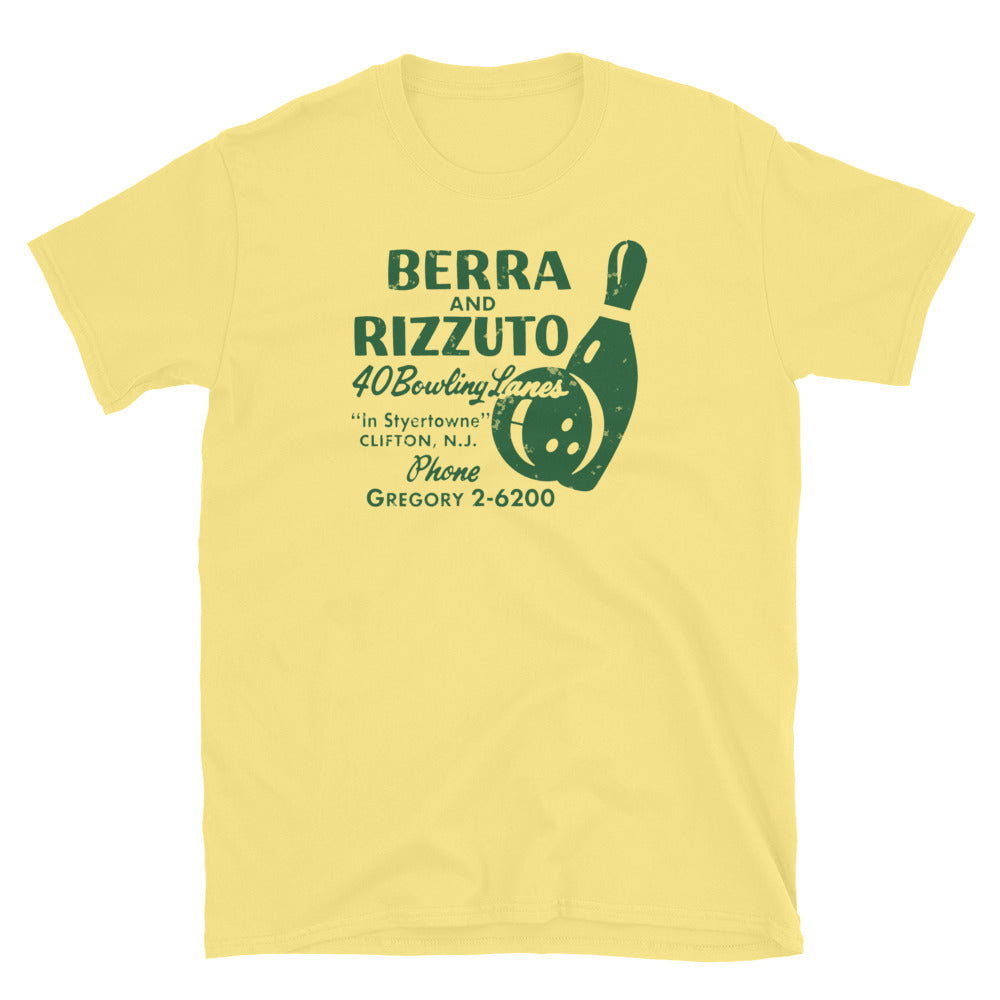 Berra and Rizzuto 40 Bowling Lanes Clifton NJ vintage t-shirt, Cornsilk, front