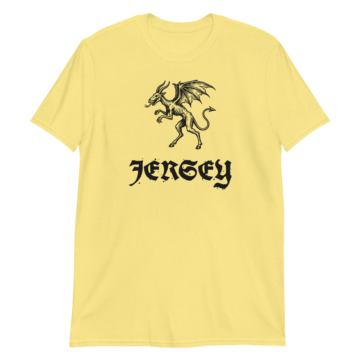 Jersey Devil woodcut NJ Pine Barrens legend t-shirt, Cornsilk, front