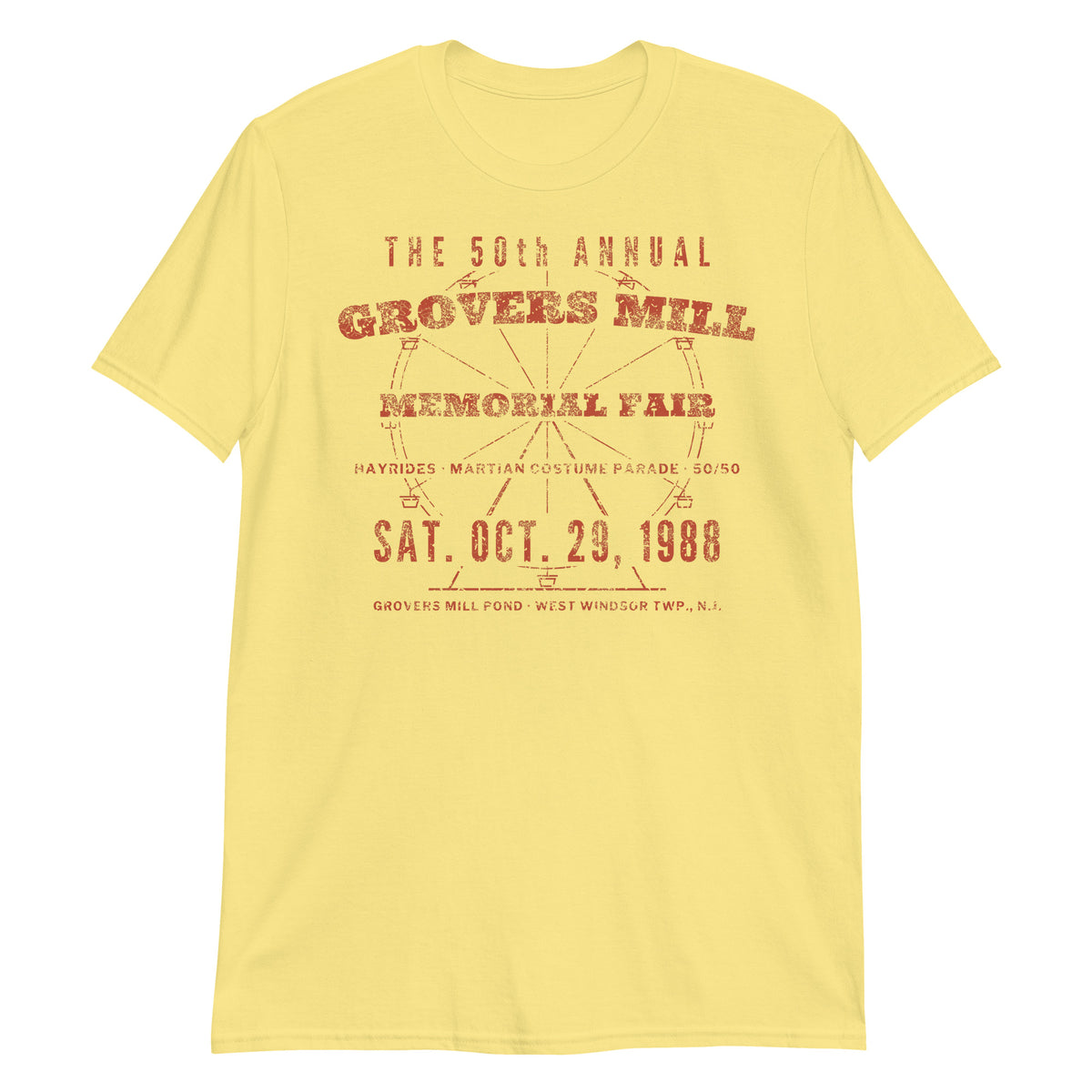 Grovers Mill Memorial Fair West Windsor NJ War of the Worlds t-shirt, Cornsilk, front