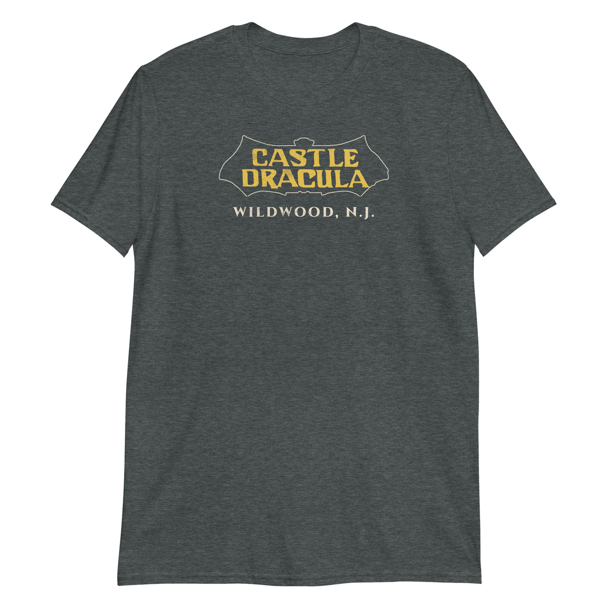 Castle Dracula Wildwood NJ vintage haunted attraction t-shirt, Dark Heather, front