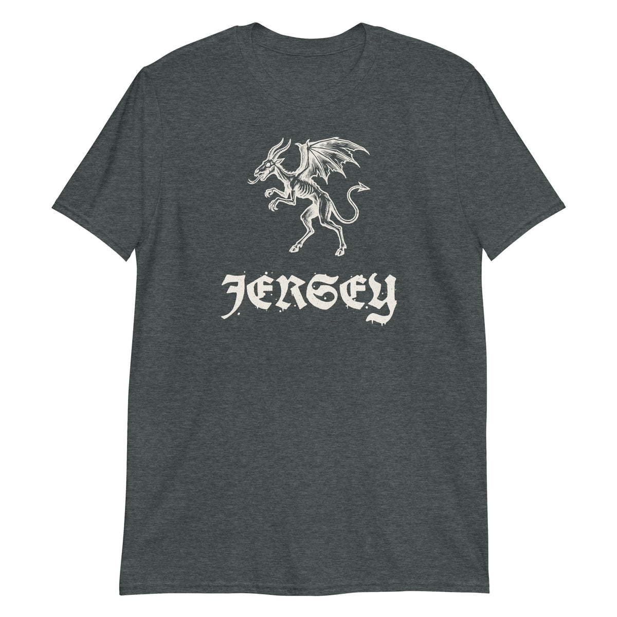Jersey Devil woodcut NJ Pine Barrens legend t-shirt, Dark Heather, front