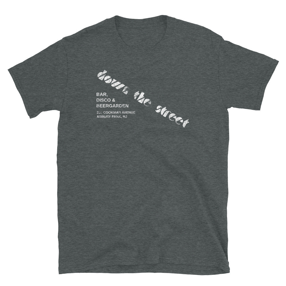 Down the Street Asbury Park NJ vintage t-shirt, Dark Heather, front
