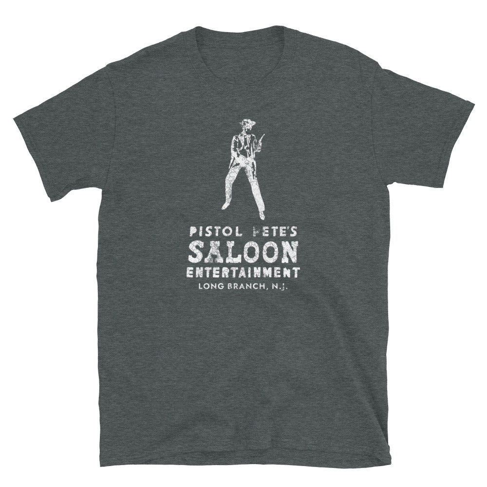 Pistol Pete's Saloon Long Branch NJ vintage t-shirt, Dark Heather, front