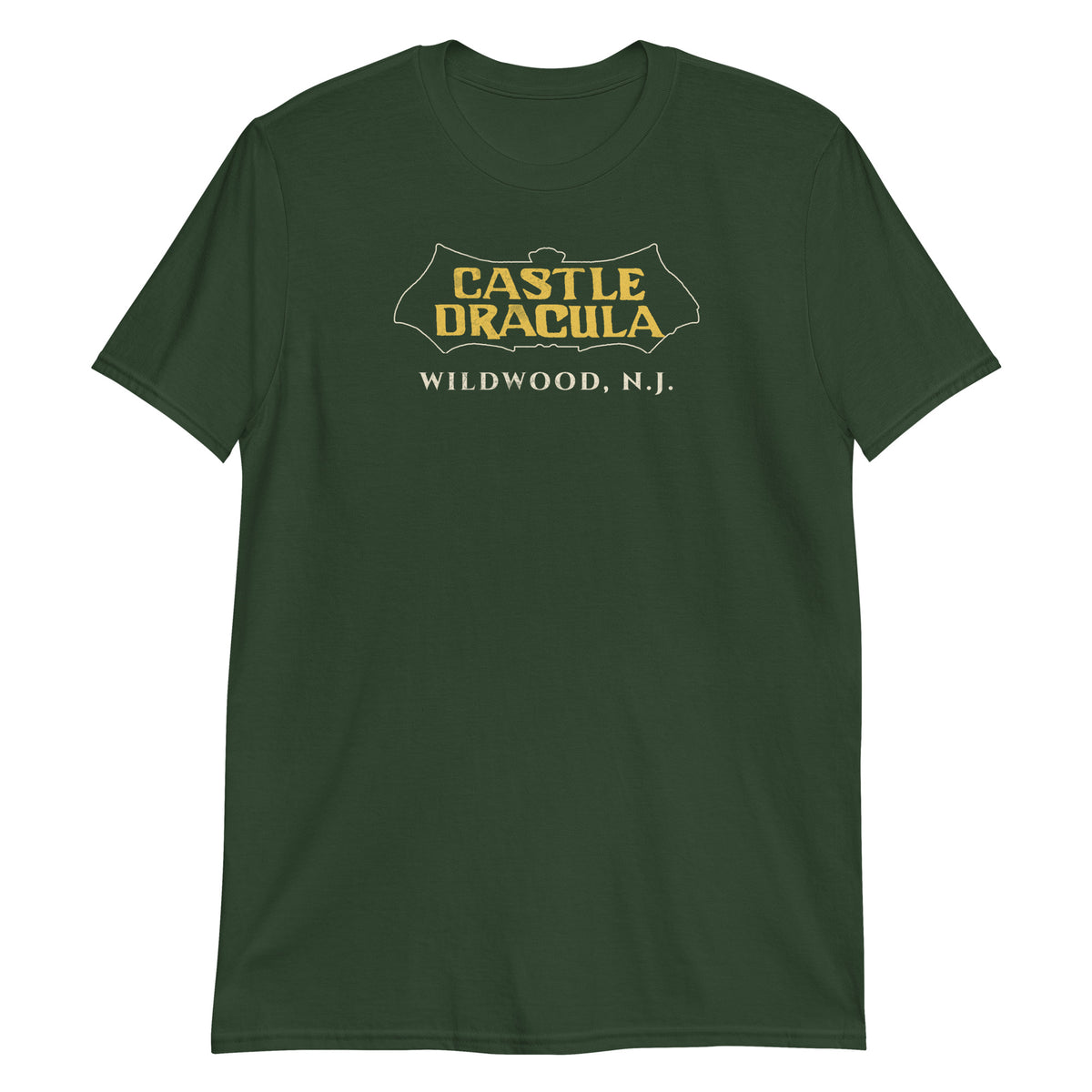 Castle Dracula Wildwood NJ vintage haunted attraction t-shirt, Forest Green, front