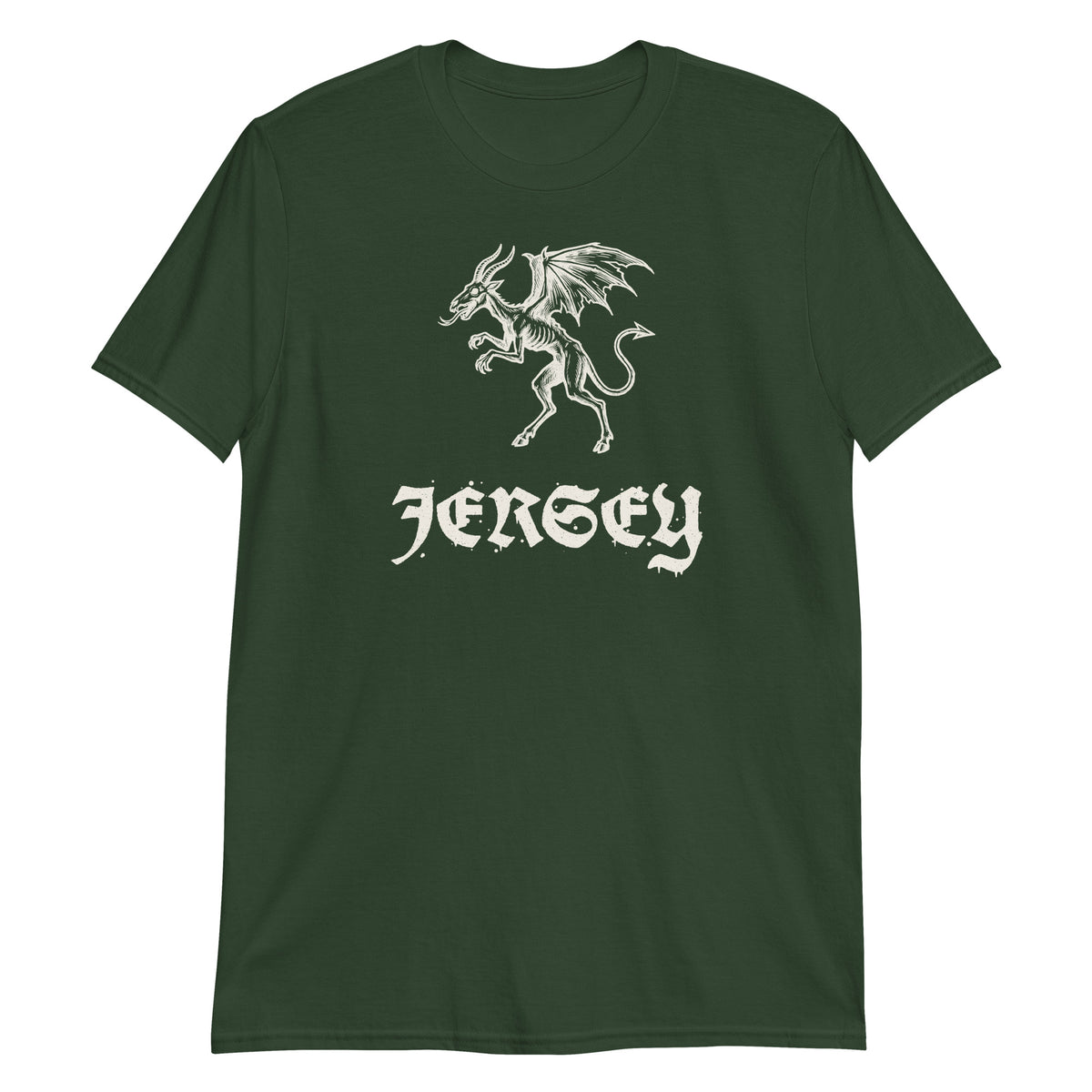 Jersey Devil woodcut NJ Pine Barrens legend t-shirt, Forest Green, front