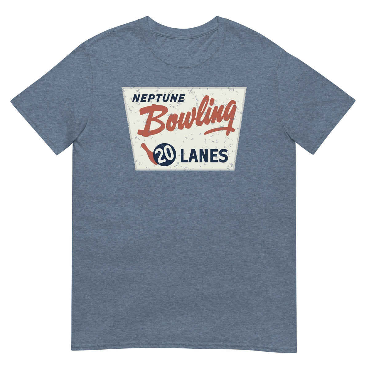 Neptune Bowling 20 Lanes Neptune NJ vintage t-shirt, Heather Indigo, front
