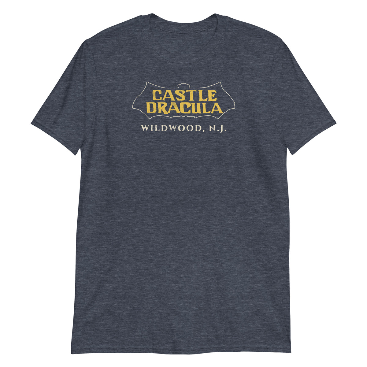 Castle Dracula Wildwood NJ vintage haunted attraction t-shirt, Heather Navy, front
