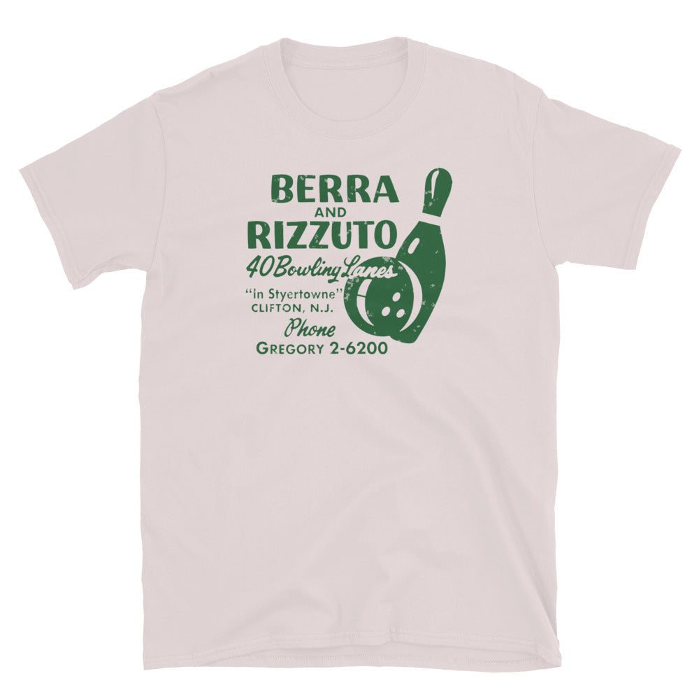 Berra and Rizzuto 40 Bowling Lanes Clifton NJ vintage t-shirt, Ice Grey, front