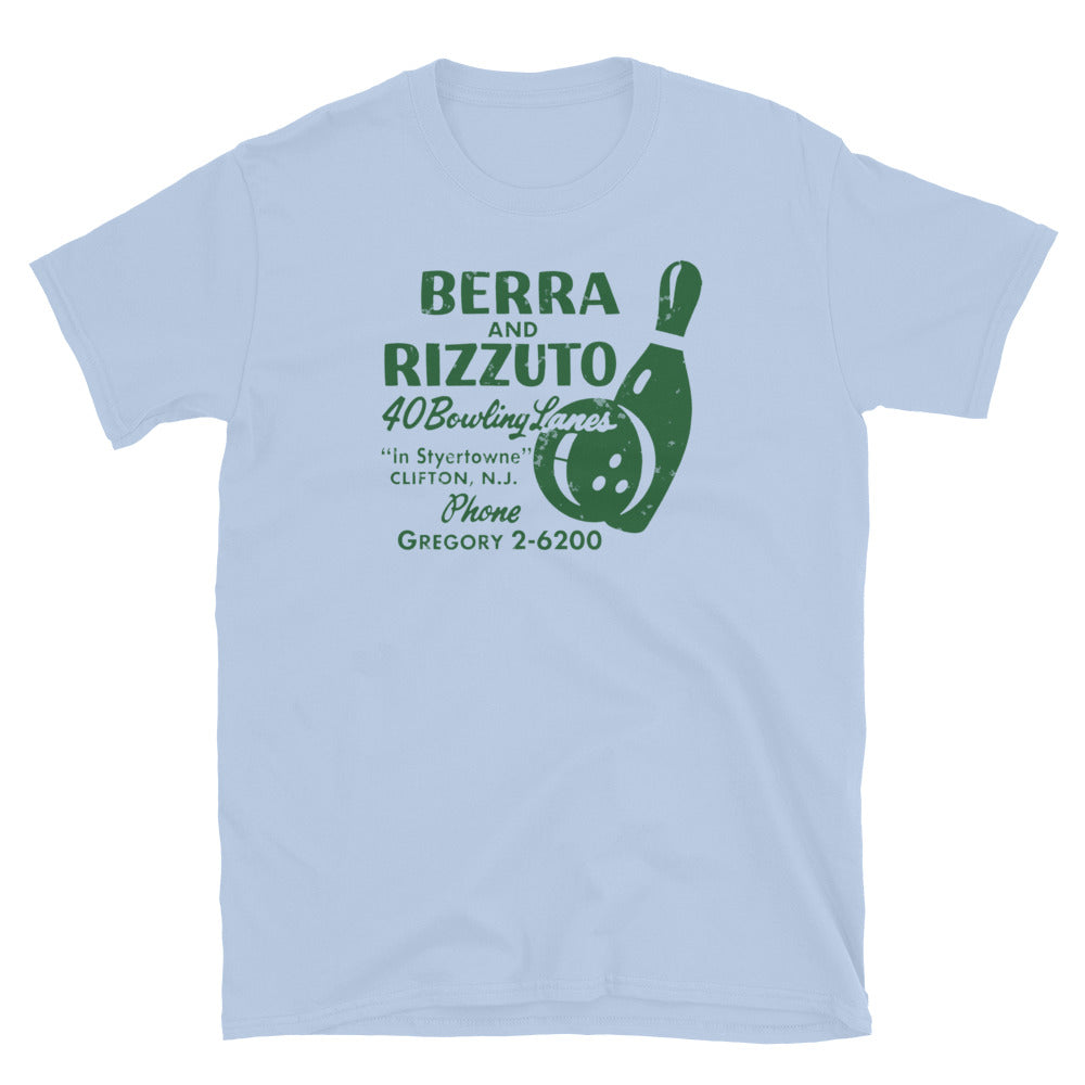 Berra and Rizzuto 40 Bowling Lanes Clifton NJ vintage t-shirt, Light Blue, front