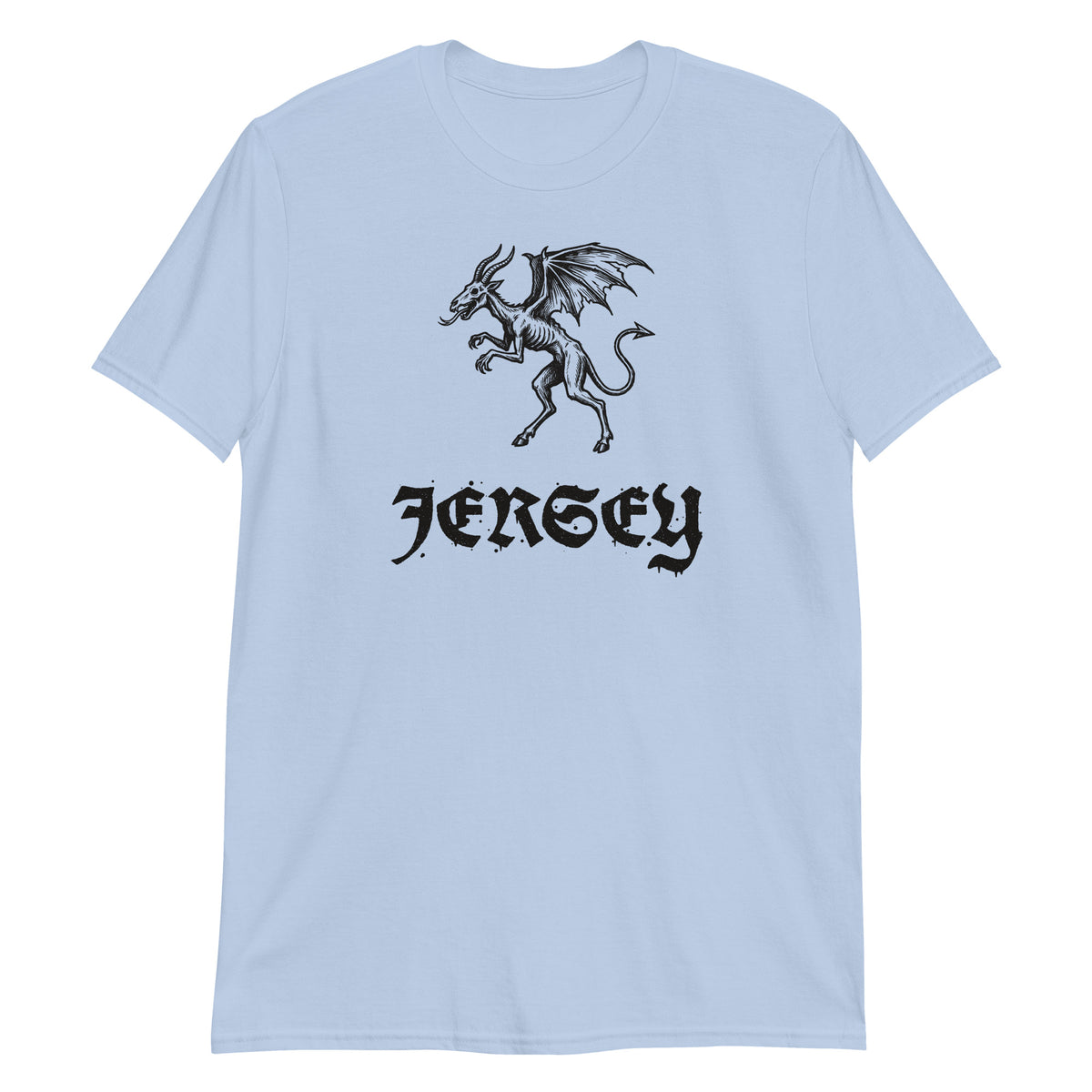 Jersey Devil woodcut NJ Pine Barrens legend t-shirt, Light Blue, front