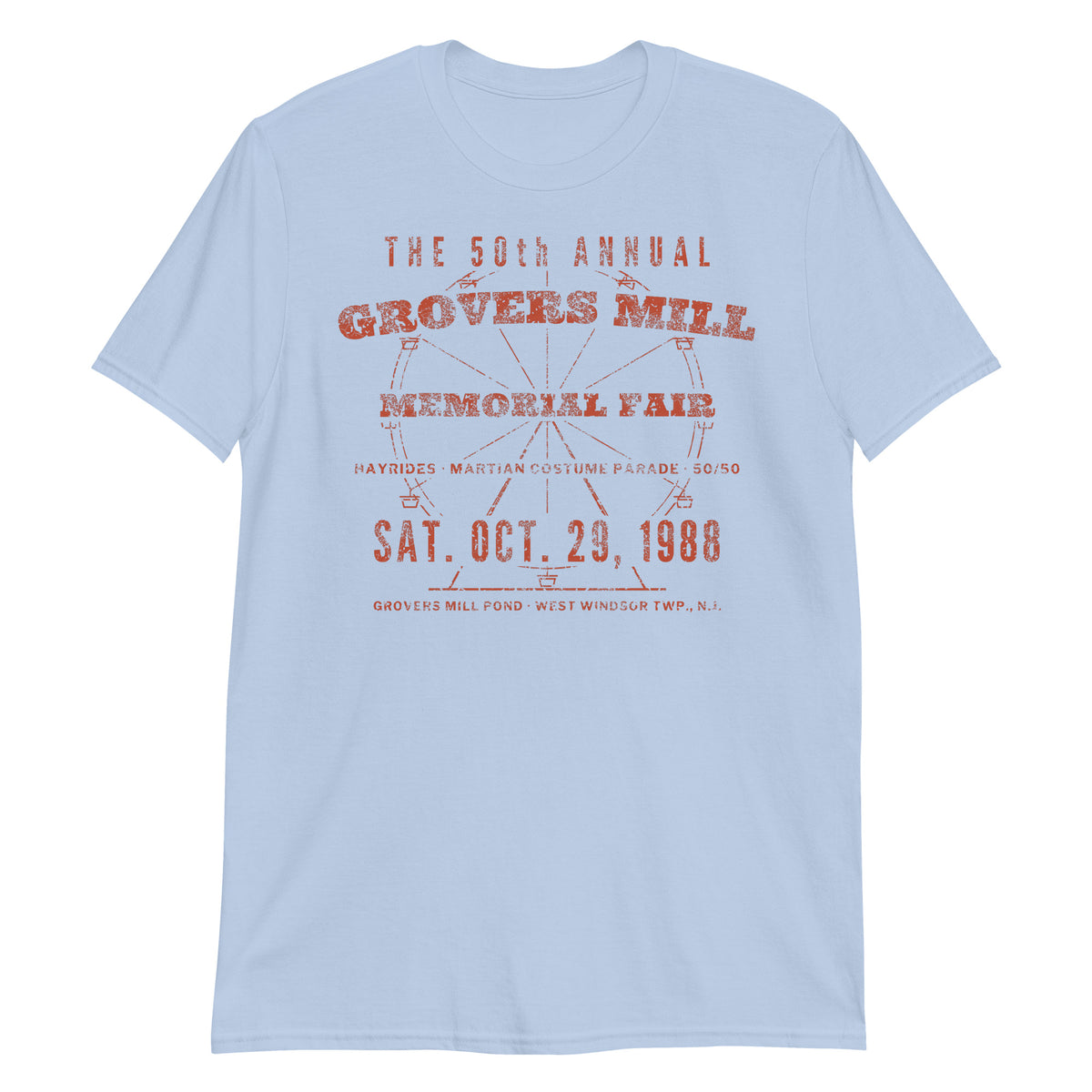 Grovers Mill Memorial Fair West Windsor NJ War of the Worlds t-shirt, Light Blue, front