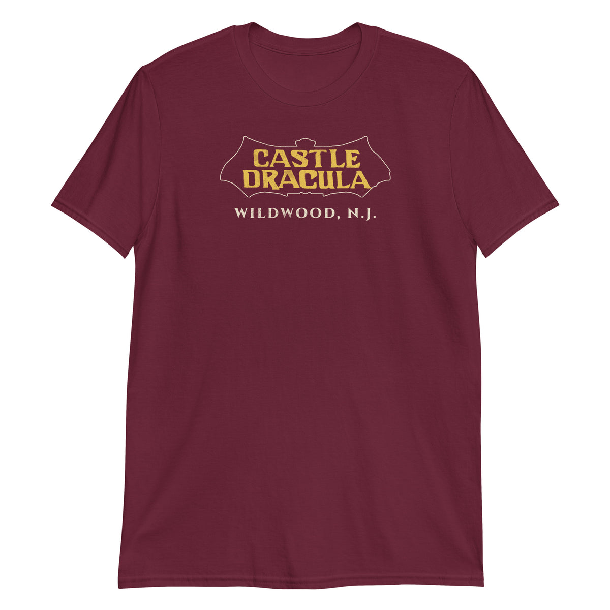 Castle Dracula Wildwood NJ vintage haunted attraction t-shirt, Maroon, front