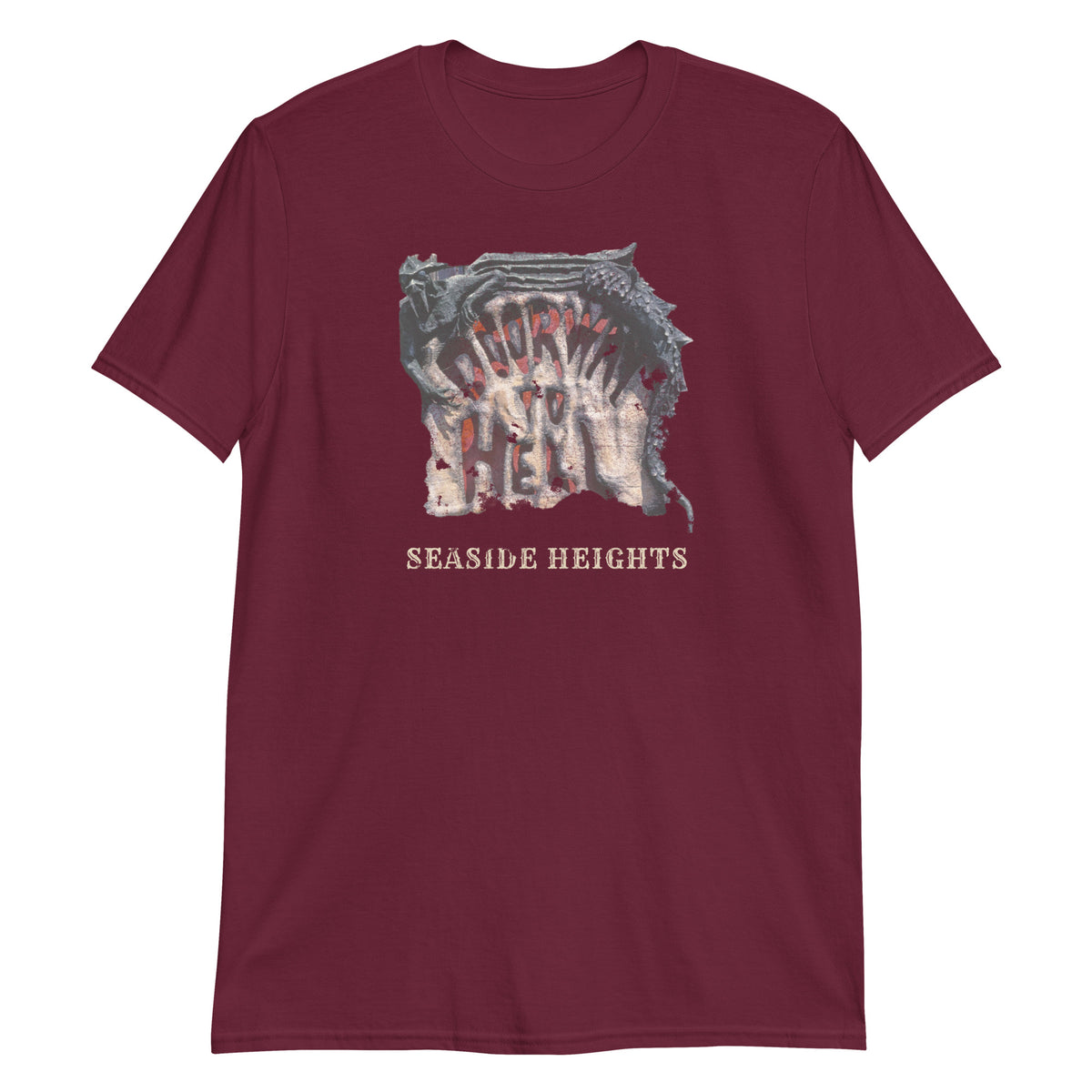 Doorway to Hell Seaside Heights NJ vintage haunted house t-shirt, Maroon, front