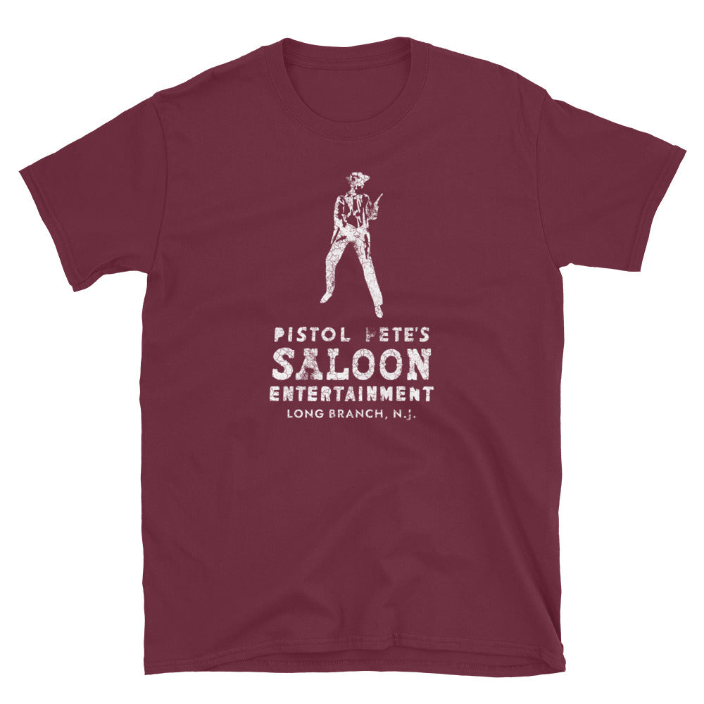 Pistol Pete's Saloon Long Branch NJ vintage t-shirt, Maroon, front