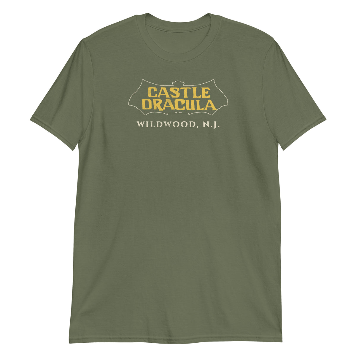 Castle Dracula Wildwood NJ vintage haunted attraction t-shirt, Military Green, front