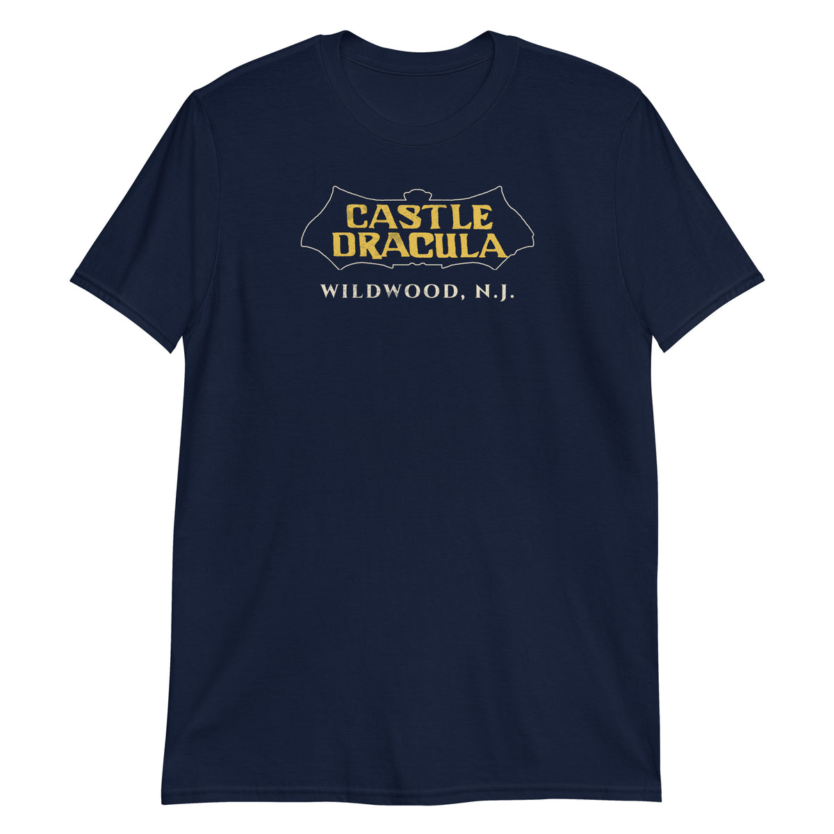 Castle Dracula Wildwood NJ vintage haunted attraction t-shirt, Navy, front