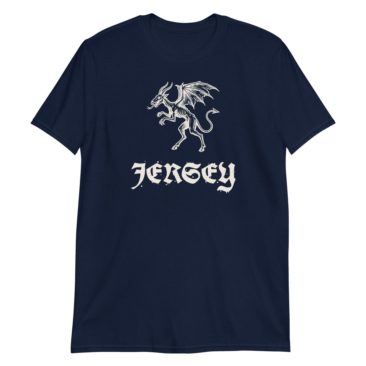 Jersey Devil woodcut NJ Pine Barrens legend t-shirt, Navy, front