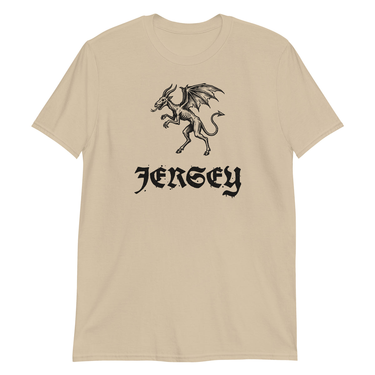 Jersey Devil woodcut NJ Pine Barrens legend t-shirt, Sand, front