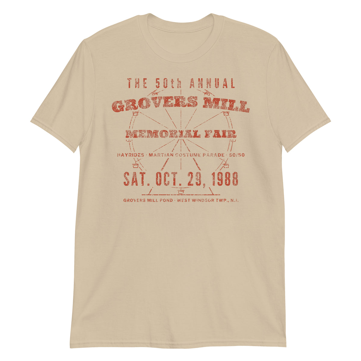 Grovers Mill Memorial Fair West Windsor NJ War of the Worlds t-shirt, Sand, front